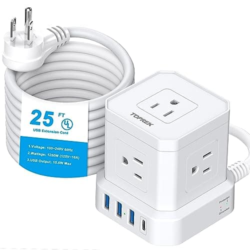 Power Strip with 20W USB-C, 6.5 FT Extension, 6 Outlets, 1 USB-C, 2 USB-A, TOPREK Surge Protector, Wood Desk Power Strip — White-25FT