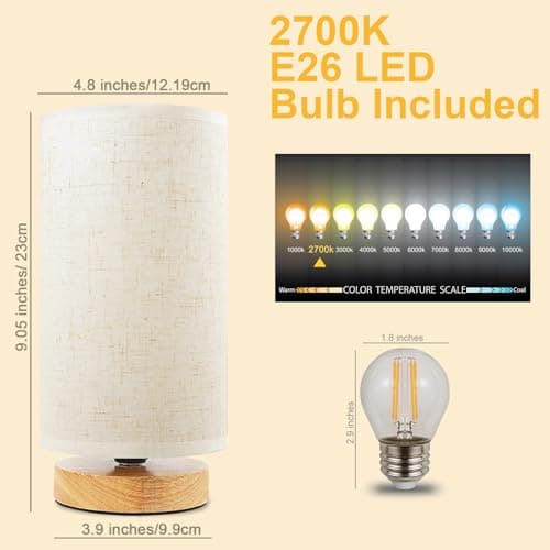 Minimalist Wood Base Small Bedside Lamp with Round Fabric Shade, Cozy Warm White Nightstand