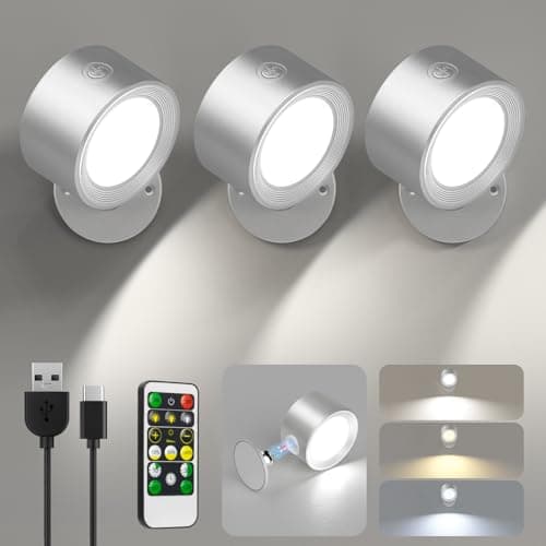 Rechargeable 3-Pc LED Wall Sconces with Remote Control & Dimming — Silver-3 Color Temp Light