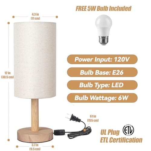 Linen Shade Small Table Lamp for Bedroom and Desk LED Included (Wood Base)