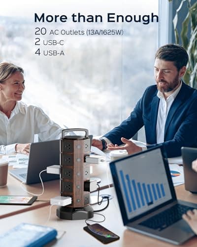 JACKYLED 1050J Surge Protector Tower, 20 AC Outlets, 6 USB Ports, Black Walnut