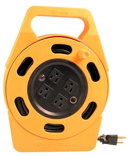 Retractable Extension Reel with 4 Outlets; Heavy Duty; Flame Resistant; 10A Circuit Breaker; 25 Ft; Yellow/Orange