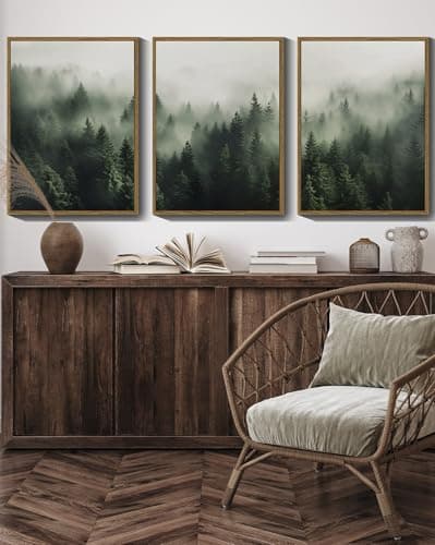SHENIFY Green Fog Pine Tree Forest Canvas Art 11x14in Modern Framed Decor