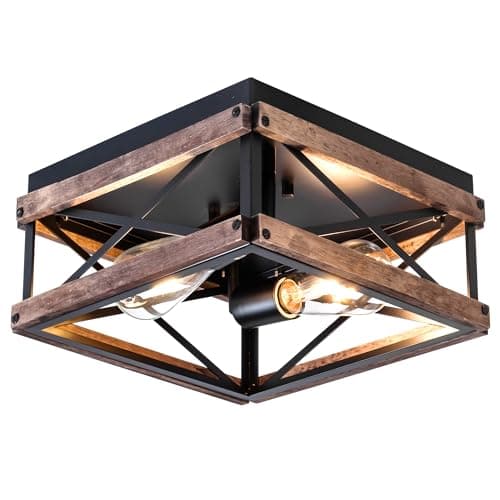 Rustic 2-Light Ceiling Fixture, Farmhouse Flush Mount for Living Room — Black