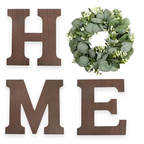 Black Wood Home Sign with Artificial Eucalyptus Wreath for Wall Decor — Brown