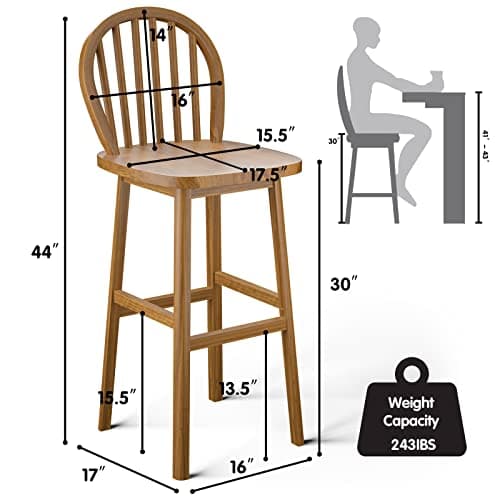 COSTWAY Windsor Bar Stools, 30 Inch Back With Footrest, Easy Assembly, Natural