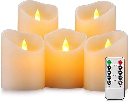 Battery Operated 3D Wick Flameless Pillar Candles with Remote Control — Ivory White,Set of 5