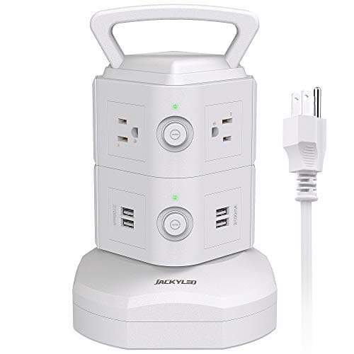 JACKYLED Power Strip Tower Surge Protector 6.5ft Extension 6 USB 12 AC Outlets Home Office Desktop — White