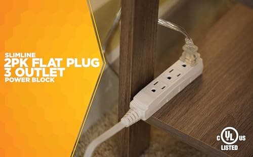 Slimline 2232 Angled Flat Plug Extension Cord, Space Saving Design, 3 Grounded Outlets