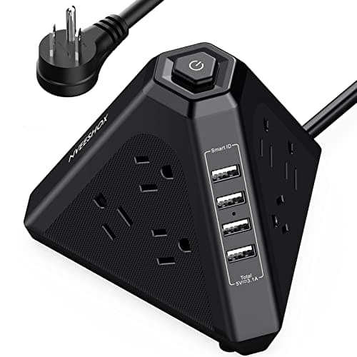 NVueShox Power Strip Tower, 9 AC & 4 USB, 6.5 Ft Cord, Surge Protector, Wood Grain — black+6.5 FT