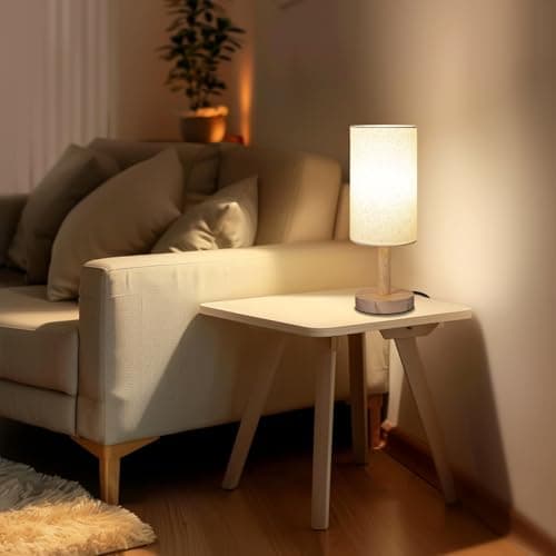 Linen Shade Small Table Lamp for Bedroom and Desk LED Included (Wood Base)