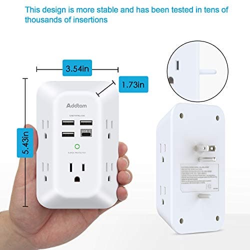 Addtam 1800J 3-Sided Power Strip with 5 Outlets & 4 USB Ports Surge Protector