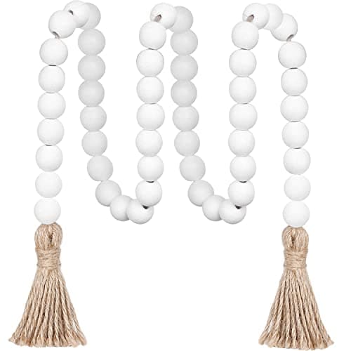 Meplait Natural Wood Bead Garland with Tassels, Boho Farmhouse Wall Hanging — White