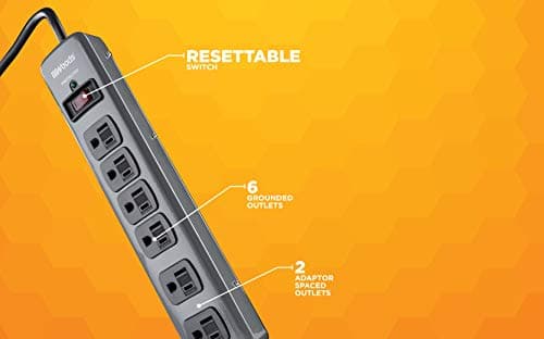 Metal Surge Protector with 6 Outlets and 3' Cord for 900J Protection, One Size, Black