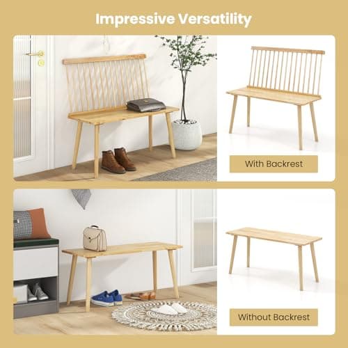 Giantex 2 Seater Windsor Bench with Spindle Back, Anti-Slip Feet, Natural Rubber Wood