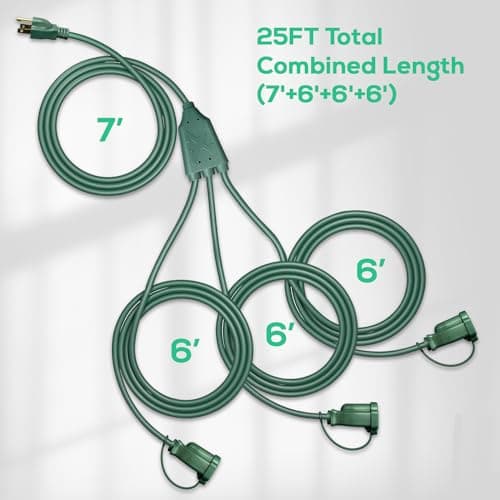 25FT Outdoor Extension Cord with 3 Outlets for Christmas Lights