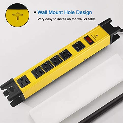CCCI Heavy Duty 15A 6-Outlet Metal Power Strip, 1200 Joules Surge Protector, Yellow