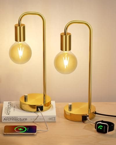 ONEWISH Fully Dimmable Warm Bedside Lamps for Kids Reading (2700K Bulb Included) — USB Gold 2 packs