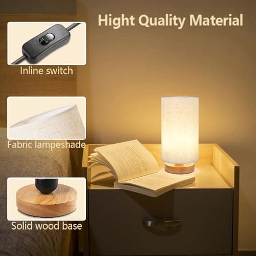 Minimalist Wood Base Small Bedside Lamp with Round Fabric Shade, Cozy Warm White Nightstand
