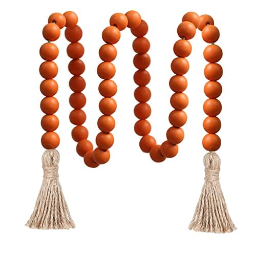 Meplait Natural Wood Bead Garland with Tassels, Boho Farmhouse Wall Hanging — Orange