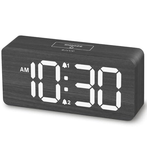 USCCE Wooden Digital Alarm Clock: Dimmable Dual Alarm with Large Numbers - Loud Alarm for Heavy Sleepers - Wood Decor — Gray - White Digits