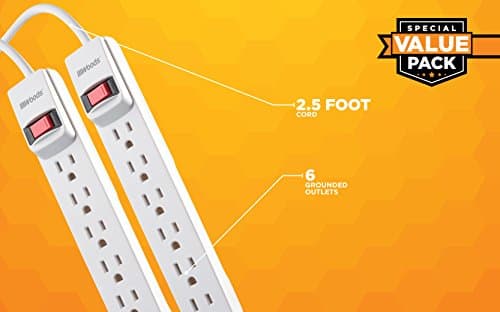 Power Strip with 6 Outlets, 2.5' Cord and Durable White Housing, 2-Pack