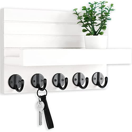 Paulownia Wood Wall Key Holder with Shelf and Hooks — White