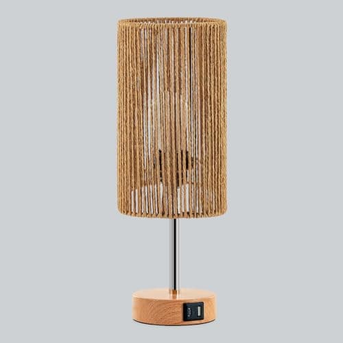 Yarra-Decor Touch-Control Bedside Table Lamp with USB, 3-Way Dimmable, Round Fabric Shade — Rattan