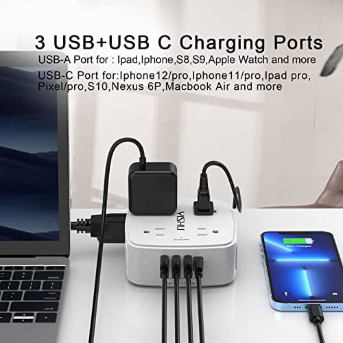 6 Ft Wall-Mount Surge Protector with 8 Outlets & 4 USB Ports, Extender Included, ETL Listed, White