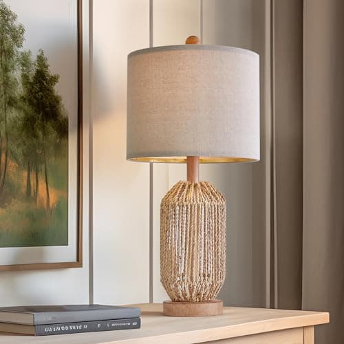 OYEARS 21" Boho Rattan Table Lamp for Living Room and Bedside, Brown, Retro Style