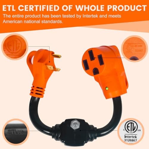 30-50 Amp RV Overload Protector Adapter, NEMA TT-30P to NEMA 14-50R Cord with LED Indicator, ETL Listed