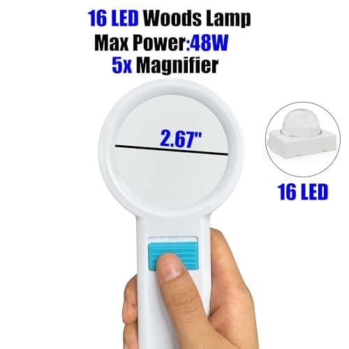 Cordless Wood's Lamp for Ringworm Detection - Skin Testing for Estheticians and Veterinarians - 5x Magnifying Wood Lamp with 16 LED Battery Powered
