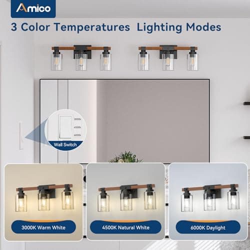 Amico Rustic Wood 3-Light Farmhouse Vanity Light with Black Sconces and Bubble Glass Shade