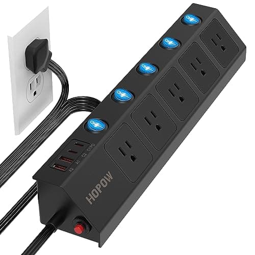 Flat Plug Power Strip with Individual Switches, 5-Outlet Surge Protector with 2 USB-C (20W PD) & 2 USB-A, 1700 Joules, Wall Mount for Home Office, Black