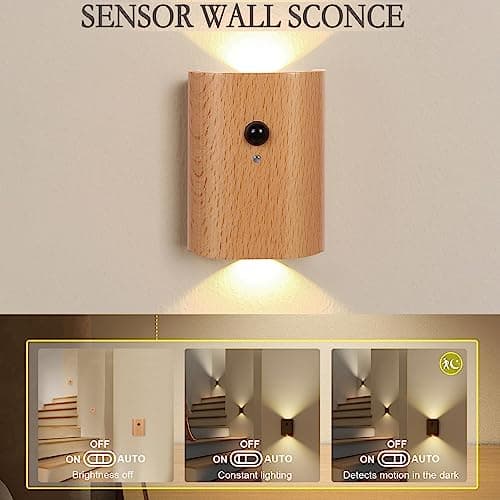 LANDGOO White Ash Wood Motion Sensor Step Light Rechargeable LED Indoor Wall Lamp