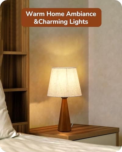 EDISHINE 13.58" Small Table Lamp, Beige Linen Shade, Dark Rosewood Base, Nursery Bedroom Lamp