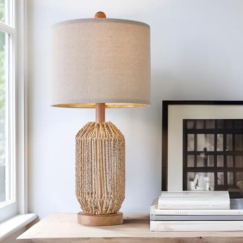 OYEARS 21" Boho Rattan Table Lamp for Living Room and Bedside, Brown, Retro Style
