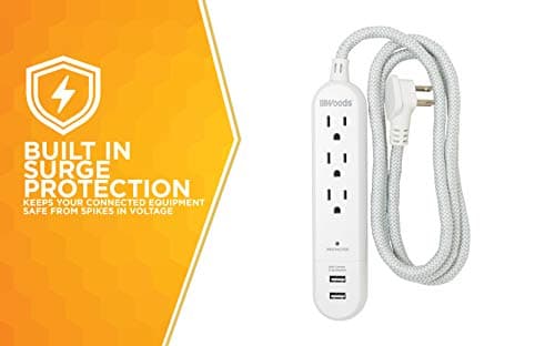 Woods 250 Joules Surge Protector, 3-Outlet, 2.4A USB, White