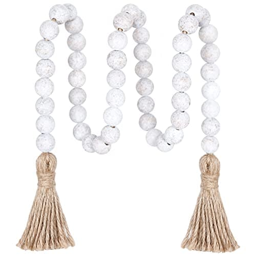 Meplait Natural Wood Bead Garland with Tassels, Boho Farmhouse Wall Hanging — Wash White