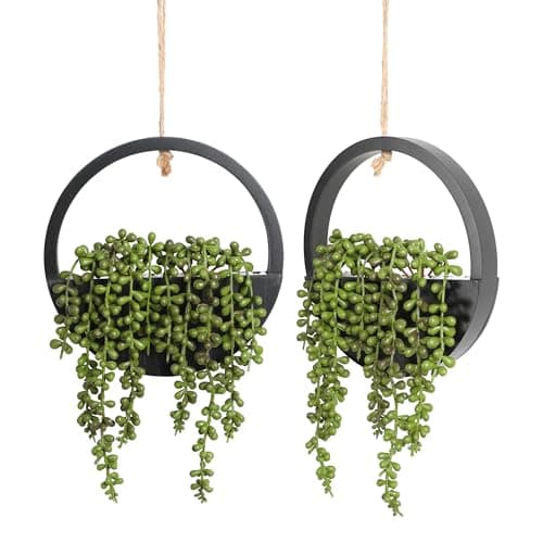 Floweroyal 2pcs Artificial Succulents Hanging Plants with 8.3'' Lanyard Pot Decor (Wood Color) — Type1-black-2pcs