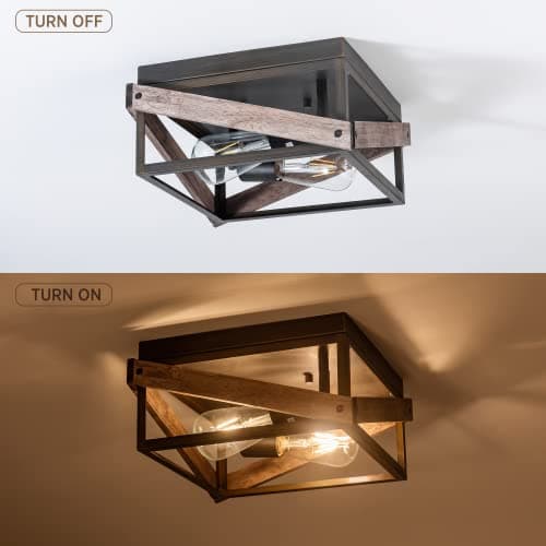 Rustic 2-Light Ceiling Fixture, Farmhouse Flush Mount for Living Room