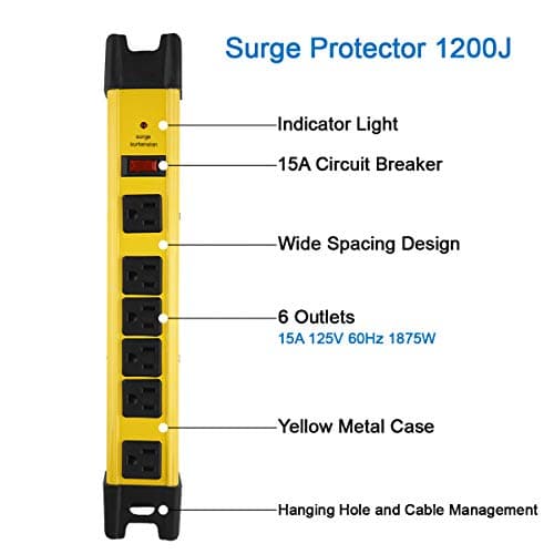 CCCI Heavy Duty 15A 6-Outlet Metal Power Strip, 1200 Joules Surge Protector, Yellow