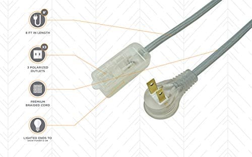 Woods Decor Series 8-Foot Fabric Braided Extension Cord, Lighted Ends, 3 Outlets, Right Angle Plug, 125V, Grey