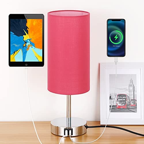 Yarra-Decor Touch-Control Bedside Table Lamp with USB, 3-Way Dimmable, Round Fabric Shade — Red