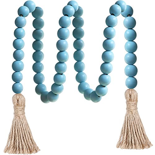 Meplait Natural Wood Bead Garland with Tassels, Boho Farmhouse Wall Hanging — Blue