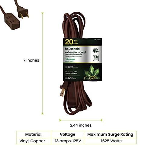 Go Green Power Inc. 20ft Brown Household Extension Cord, 3 Outlets, Indoor Use