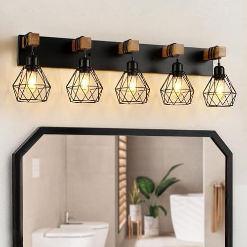 Rustic 3-Light Wood Bathroom Vanity Light with Elegant Metal Shade for Bathroom, Living Room, Hallway — Black