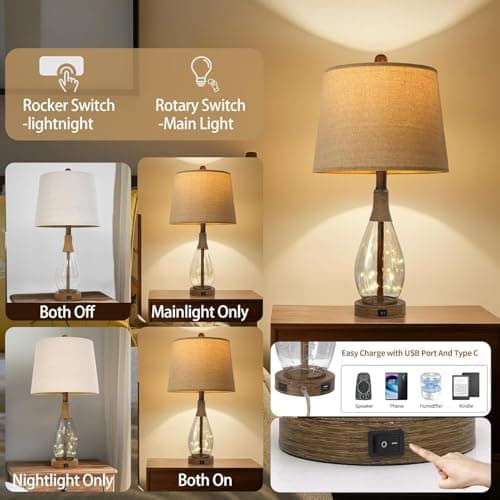 OYEARS 23" USB A+C Bedside Lamps Sets for Bedroom Living Room