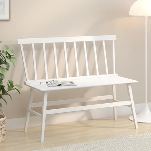 Farmhouse White Dining Bench with Spindle Back for Foyer Balcony
