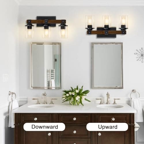 3-Light Rustic Wood Farmhouse Vanity Light with Industrial Black Sconces and Bubble Glass Shade